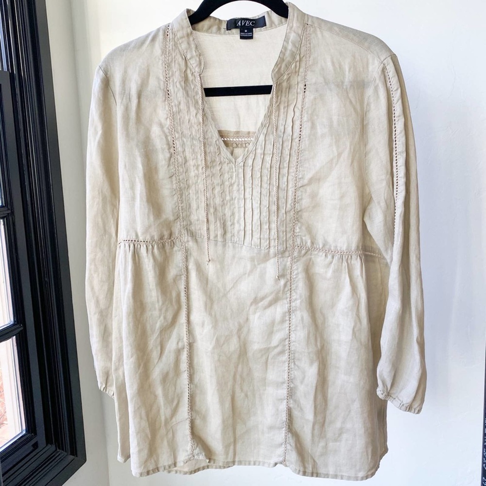 AVEC Women's Tan Linen V-Neck Long Sleeve Pleated Bodice Pop Over Blouse sz M